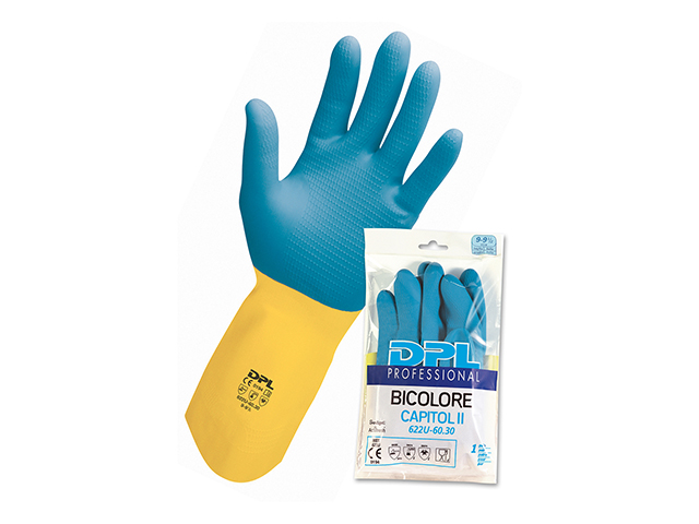 GUANTI CASA VERDE-GIALLO TAGLIA 8-8,5 MBX idonei per pulizie industriali e usi domestici, colore blu e giallo.
