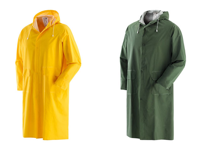 Impermeabile a cappotto PLUVIO TAGLIA XL in PVC e poliestirene. Cappuccio fisso con cordino, chiusura con bottoni automatici, 2 