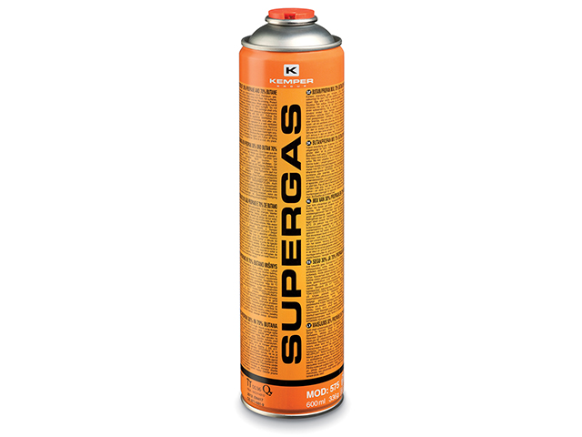Kemper 575 supergas da 600 ml (330gr) con valvola di sicurezza filettata esterna 7/16. Contiene una miscela di propano 30% e but