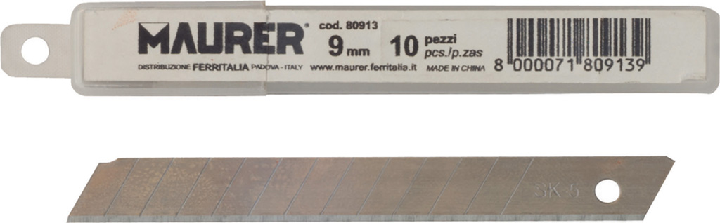 Lama a spezzare MAURER per cutter - in acciaio trattato SK5 - larghezza 9 mm - confezione in blister da 10 pezzi