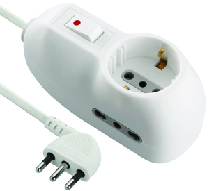 MULTIPRESA spina 10A 2P+T 2 prese bipasso 2P+T e 1 presa schuko Sezione cavo 3x1 mm2 Lunghezza cavo 1 mt Consente di connettere 