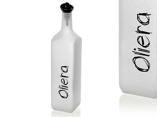 Oliera in vetro satinato bianco con scritta Oliera. Lt.1