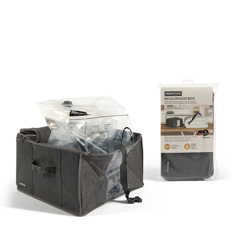 SCATOLA PIEGHEVOLE AUTOMONTANTE CON SACCO COSTUDIA RIDUCISPAZIO PER PIUMINO MATRIMONIALE 1PZ CM 80x80h38 / BOX 40x40xh25 COMPATI