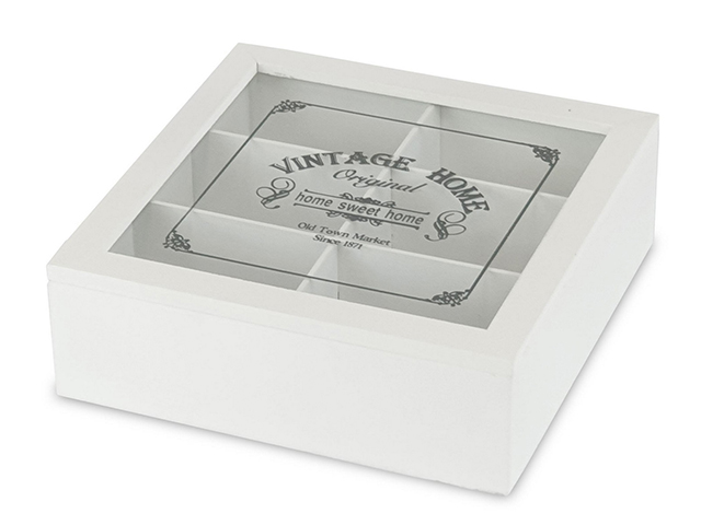 SCATOLA THE 6 SCOMPARTI. Scatola porta bustine the a 6 posti in legno di colore bianco.