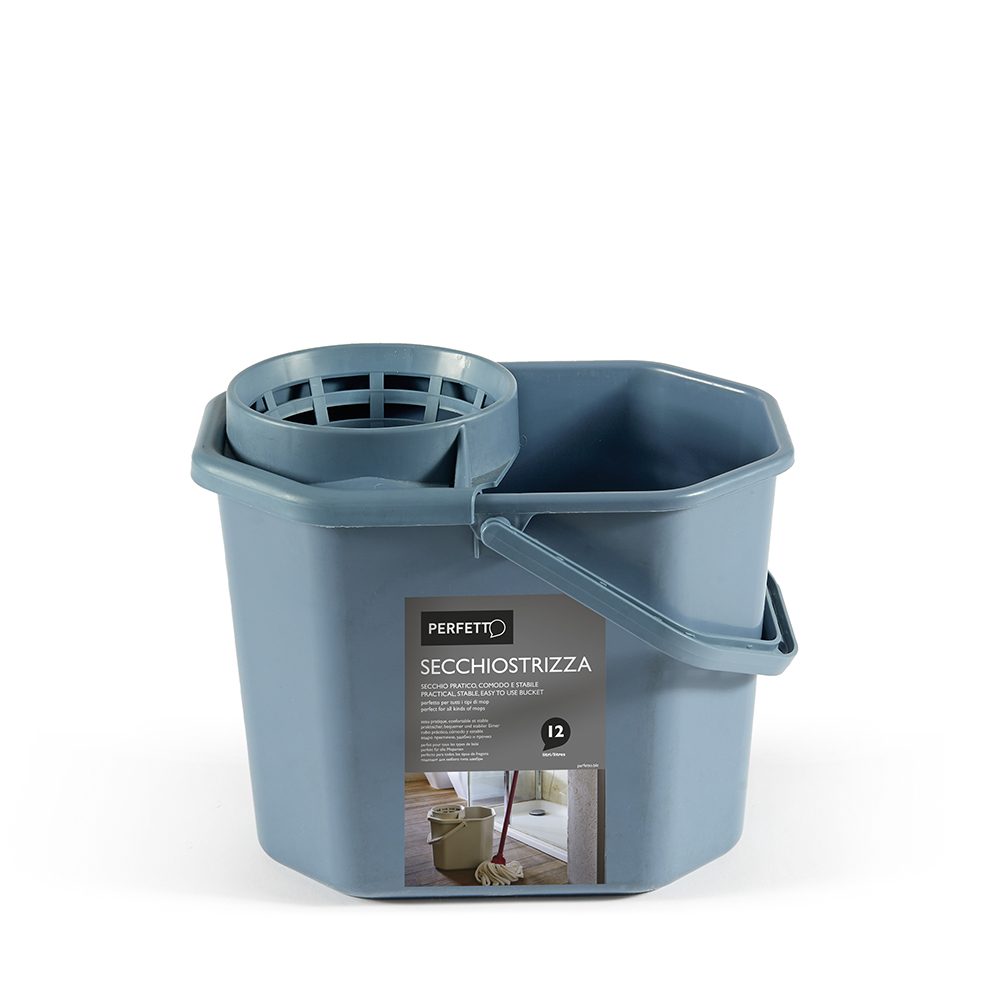 Secchio in plastica con strizzatore, colore AVIO 12lt. Secchio pratico, comodo e stabile perfetto per tutti i tipi di mop.