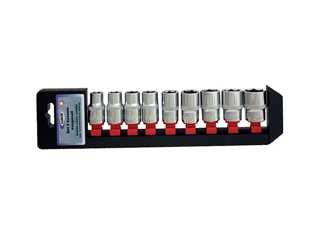 Serie 9 bussole esagonali con attacco quadro femmina da 1/2 in acciaio cromo vanadio e supporto porta bussole in plastica. Misur