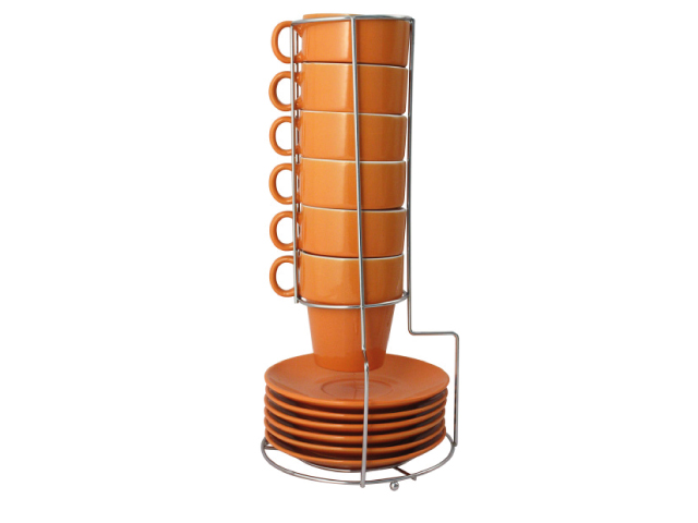 Set 6 tazze impilabili con piatto in ceramica color ARANCIONE con supporto metallico.