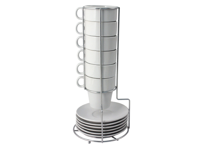 Set 6 tazze impilabili con piatto in ceramica color bianco con supporto metallico.