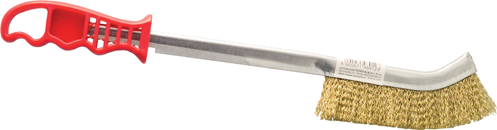 Spazzola a mano ricurva MAURER - fili in acciaio  ottonato ondulato - manico lungo 340 mm - manico in plastica  F. 0,3 MM140X25