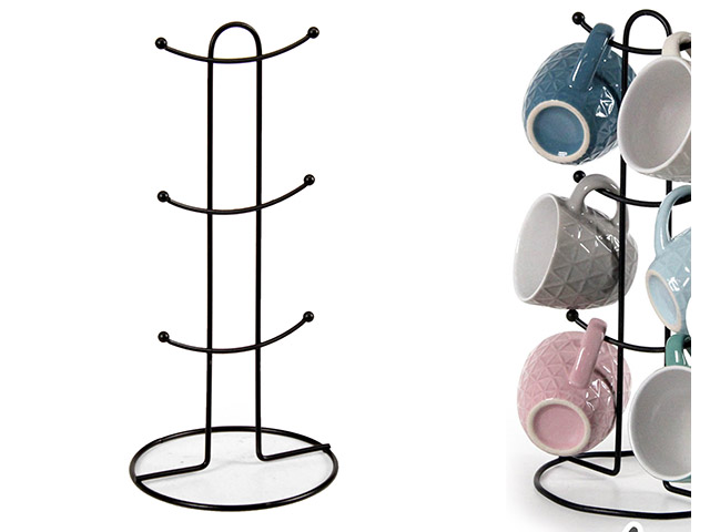 STAND PORTA TAZZE METALLO NERO. Stand porta tazze 6 posti in ferro con rivestimento nero.