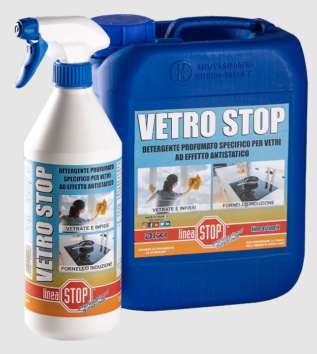 VETRO STOP 750ML DIXI. Detergente profumato specifico per la pulizia e la cura dei vetri ad effetto antistatico.