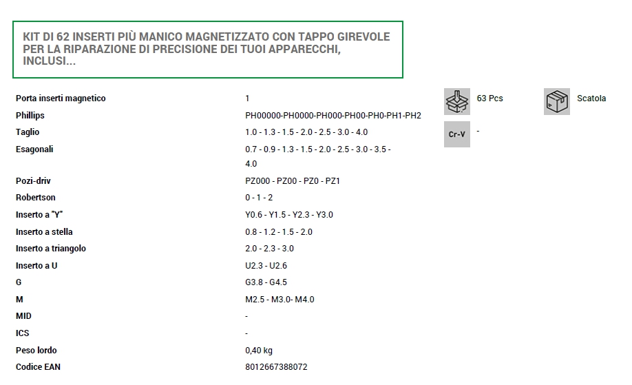 SET 62 INSERTI PRECISIONE 