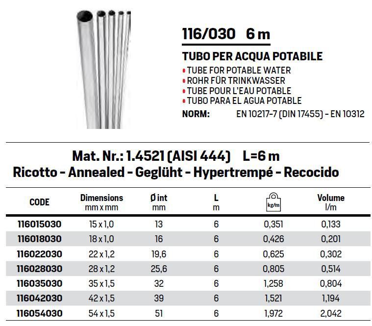 TUBO INOX 444 6MT  diametro 15x1,0