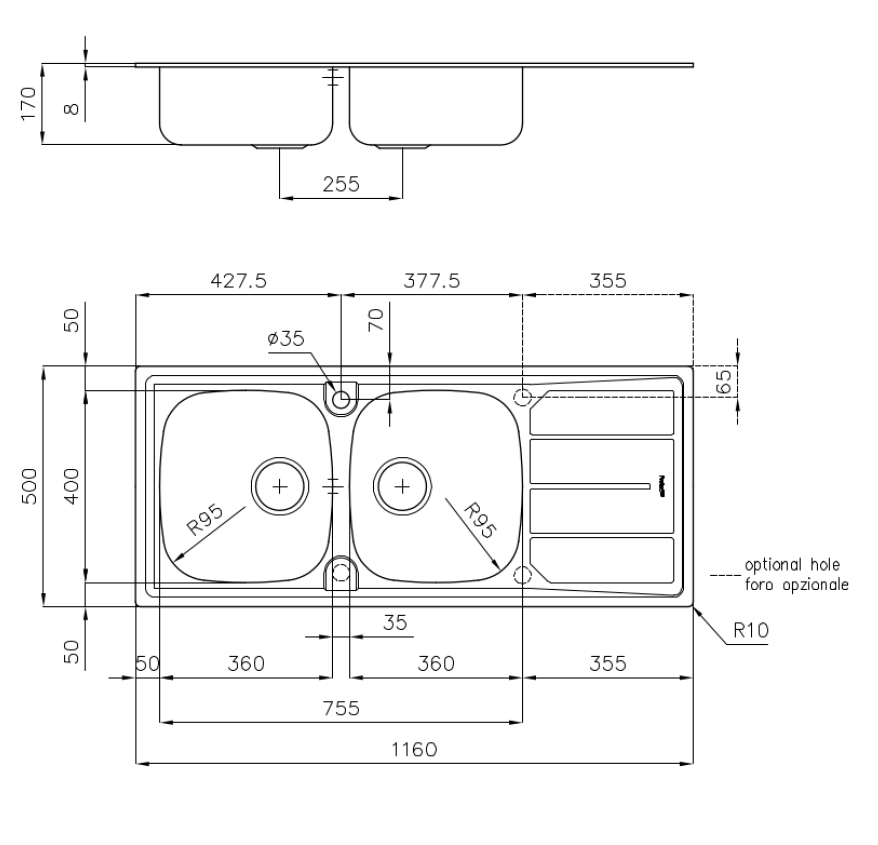 LAVELLO INOX 116X50 BUC.DX