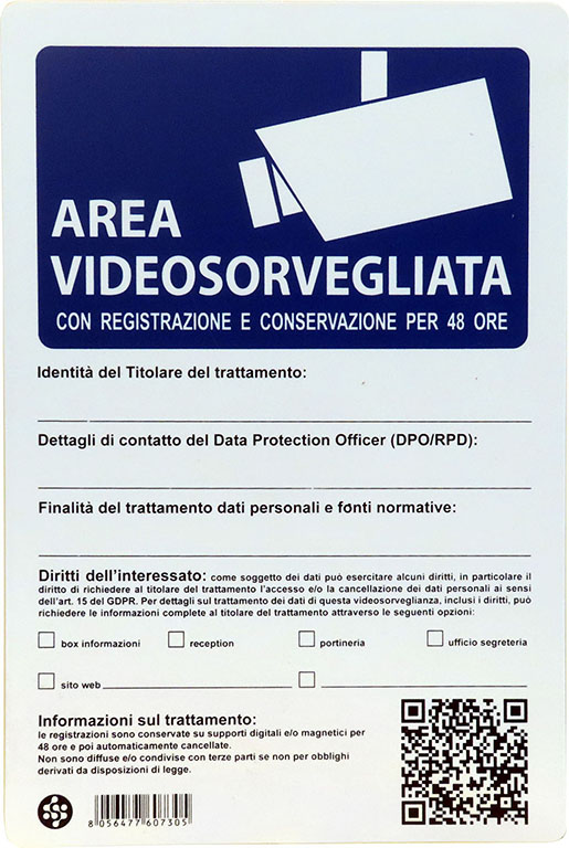 Cartello in plastica AREA VIDEOSORVEGLIATA 48 ORE DI REGISTRAZIONE - 20x30 cm