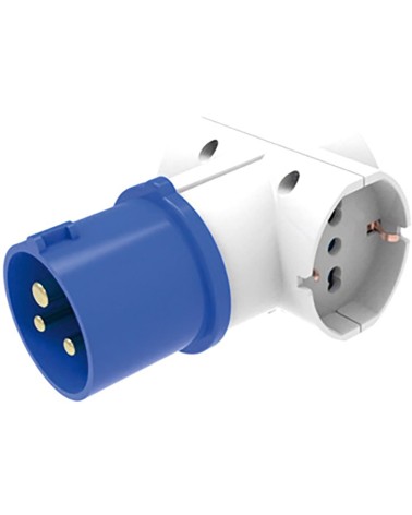 Adattatore di sistema multiplo da spina  2P+T CEE 16A 250V blu - 2 prese 2P+T 10/16A bipasso 250V e 1 presa Schuko - IP44