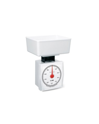 BILANCIA CUCINA EVA KG1Bilancia meccanica bianca con quadrante ad orologio, corpo e bacinella in ABS. Portata 1kg, suddivisione 