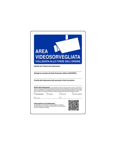 Cartello area videosorvegliata collegata alle forze dell'ordine. in alluminio.  Dimensione mm. 300 x 200.