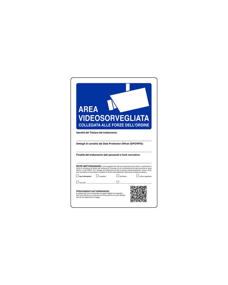 Cartello area videosorvegliata collegata alle forze dell'ordine. in alluminio.  Dimensione mm. 300 x 200.