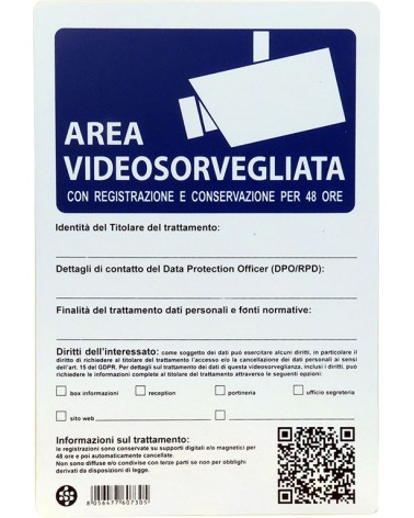 Cartello in plastica AREA VIDEOSORVEGLIATA 48 ORE DI REGISTRAZIONE - 20x30 cm