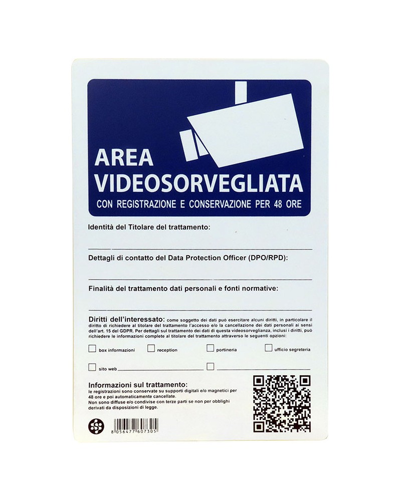 Cartello in plastica AREA VIDEOSORVEGLIATA 48 ORE DI REGISTRAZIONE - 20x30 cm