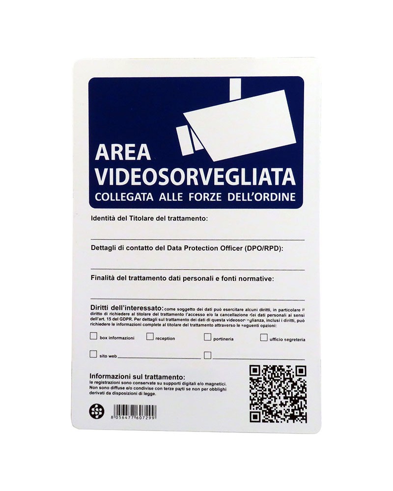 Cartello in plastica AREA VIDEOSORVEGLIATA COLLEGATA ALLE FORZE DELL'ORDINE - 20x30 cm