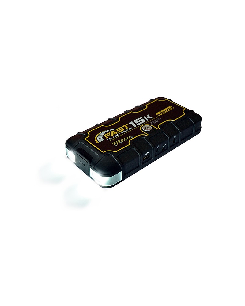 Deca avviatore d'emergenza e Power Bank con batterie al litio. Energia di batteria elevata, ricarica rapida, peso ed ingombro ri