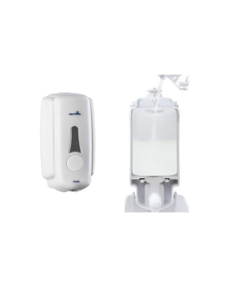Dosatore di sapone. Capacita' 1000 ml. Colore bianco. Chiusura con chiave. Azionamento a pulsante. Dimensioni: 118x130x260h. COD