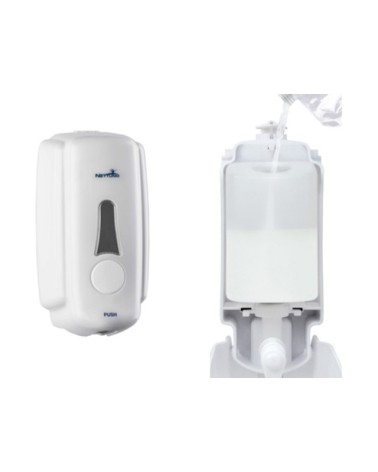 Dosatore di sapone. Capacita' 1000 ml. Colore bianco. Chiusura con chiave. Azionamento a pulsante. Dimensioni: 118x130x260h. COD