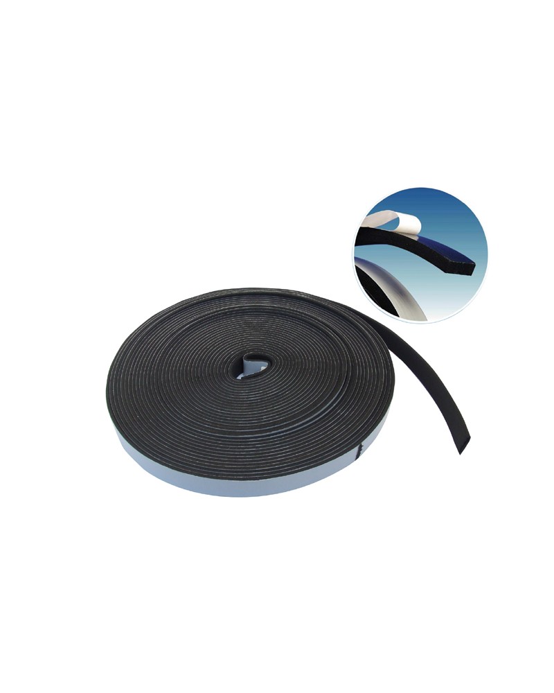 Guarnizione adesiva nera MM10X20 MT5 in gomma EPDM espansa a cellule chiuse con supporto in rete di poliestere. Il prodotto e' i
