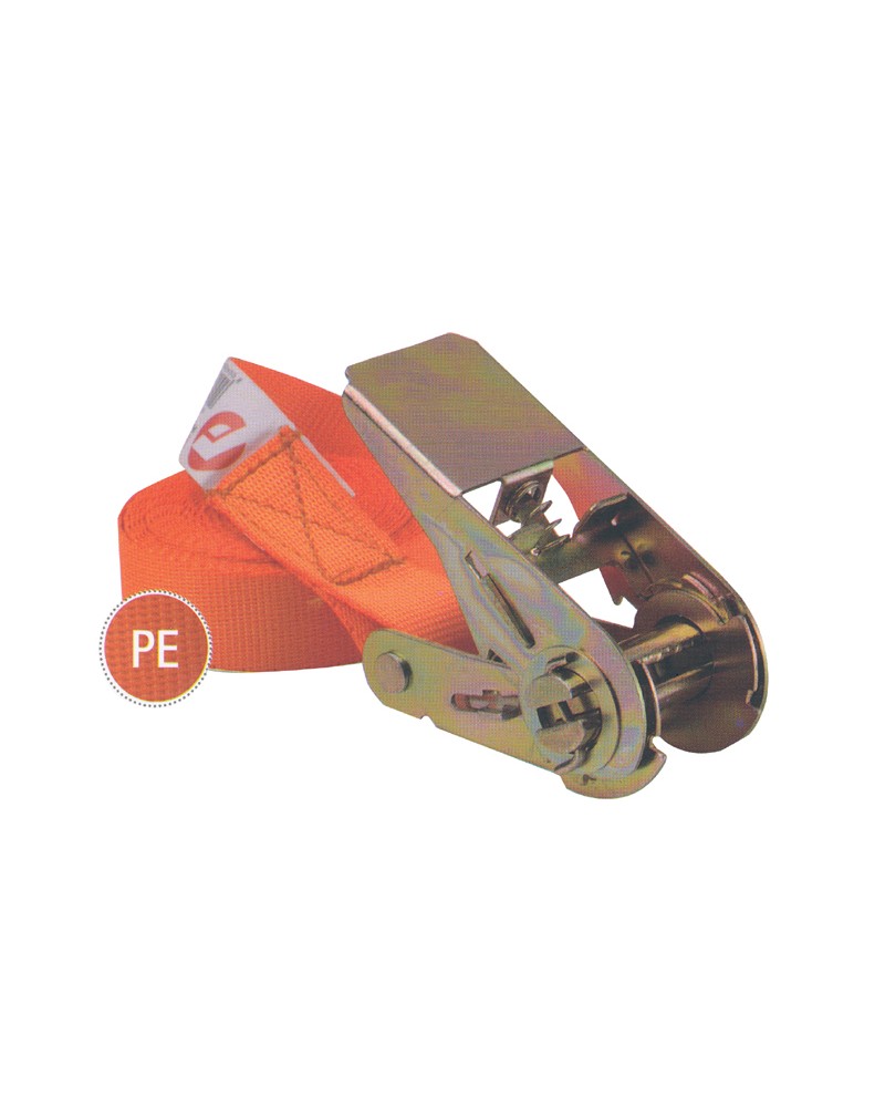 Nastro ancoraggio ARANCIO in poliestere ad alta tenacita'. Lunghezza: 5 mt. Larghezza : 25 mm. Fibbia: alluminio. Carico di rott