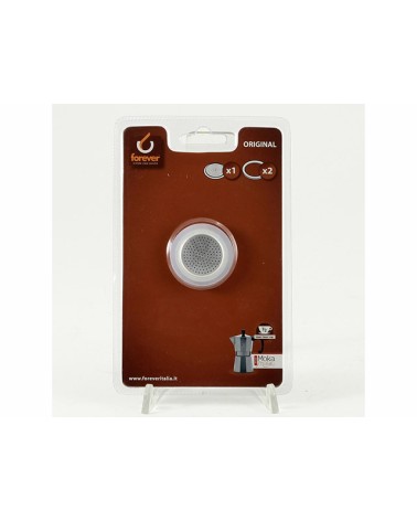 RICAMBI CAFFETTIERABlister contenente 1 piastrina filtro e 2 guarnizioni in silicone per caffettiere in alluminio Forever, Prest