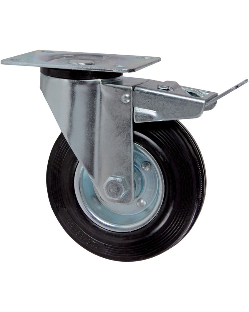 RUOTA GOMMATA CON CUSCINETTI A RULLI CON FRENO diametro mm125 con piastra girevole
