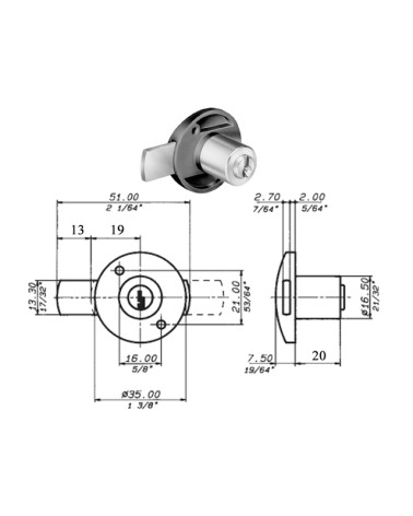 SERRATURA VERTICALE X CASSETTI, Meroni 2131 serratura da applicare. D.16,5X20MM SPORGENTE DI 6MM