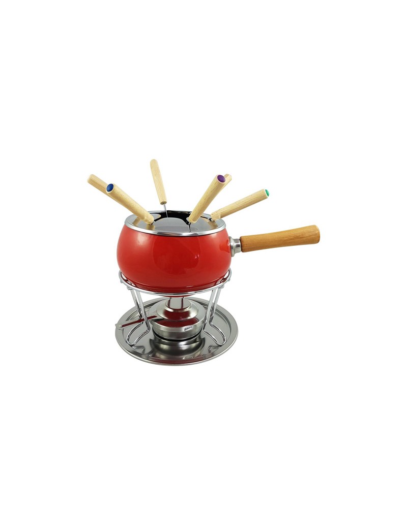 SERVIZIO FONDUTA SMALTATO ROSSO. Servizio fonduta 12 pezzi in acciaio inox smaltato nero manico legno. Il Set comprende: 1 pento