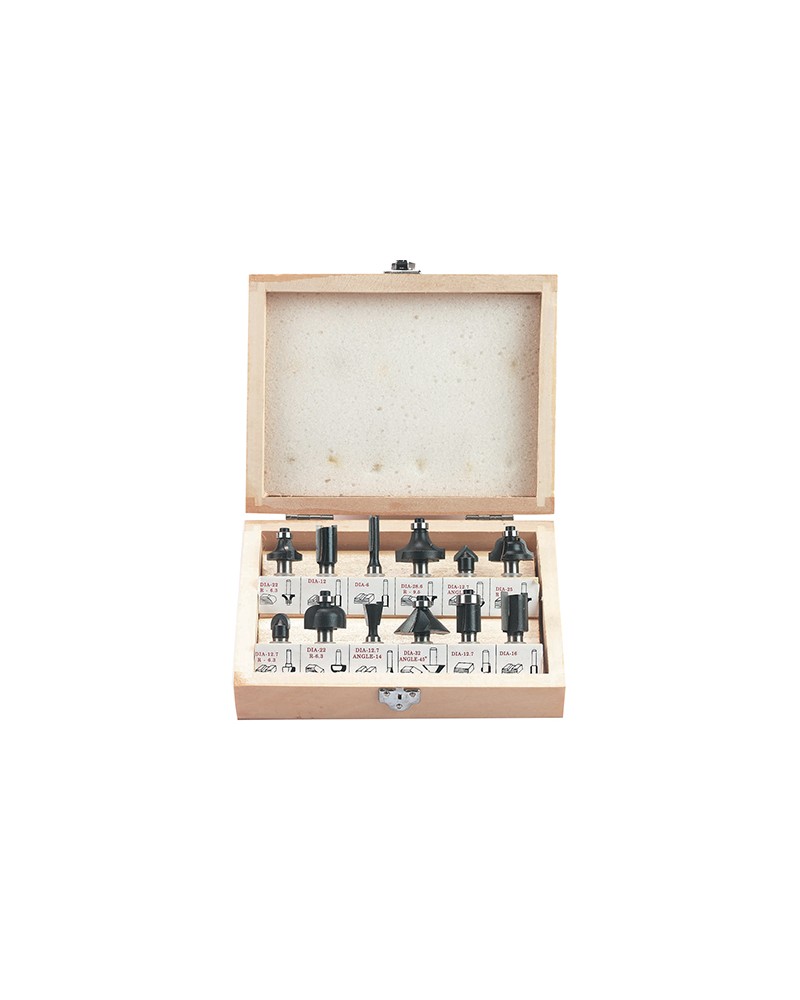 Set 12 frese per fresatrice verticale. Cofanetto in legno. Codice Einhell 4350199.
