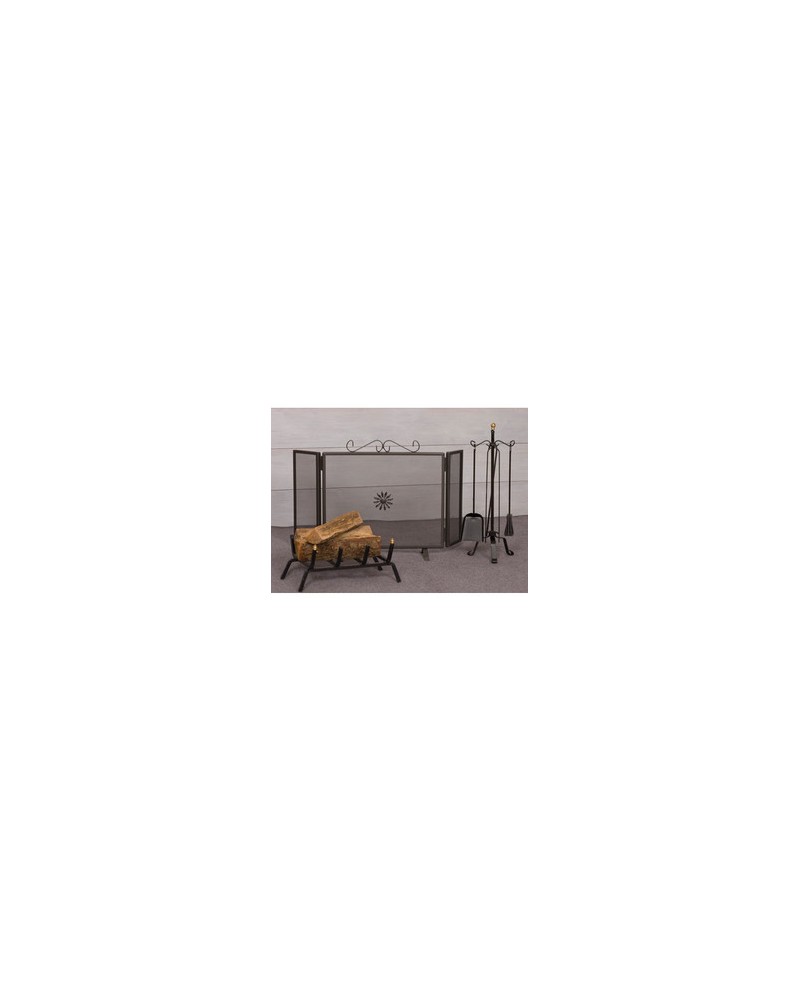 SET CAMINO PZ.7 FERRO BATTUTO 'ROCCARASO'in ferro battuto. Composto da: - parascintille a tre ante cm 80x51h - supporto con 4 at