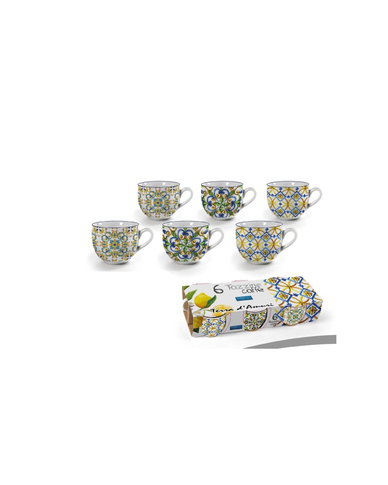 TAZZE CAFFÈ TERRE DAMURIConfezione 6 tazze caffè senza piatto in porcellana decori assortiti 90 cc.