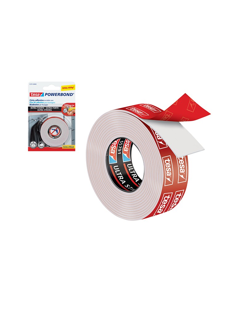 Tesa nastro biadesivo 5mt x 19mm  powerbond, tenuta extra-forte ed istantanea sui muri senza l'utilizzo di nessun altro strument