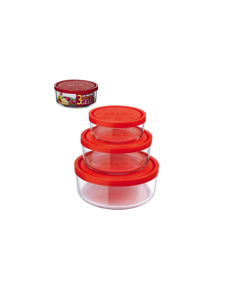 Tris contenitori Gelo in vetro: Ø 11 cm - Ø 15 cm - Ø 18 cm con coperchio rosso in plastica.