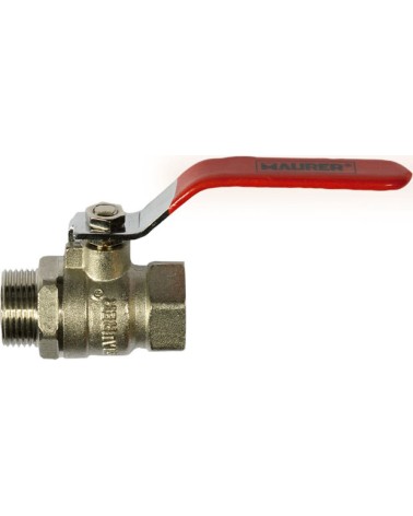 Valvola a sfera 1 MAURER in ottone M-F - a passaggio standard con leva rossa in acciaio - da utilizzarsi principalmente per acqu