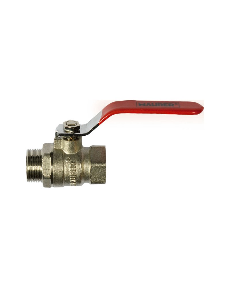 Valvola a sfera 1/2 MAURER in ottone M-F - a passaggio standard con leva rossa in acciaio - da utilizzarsi principalmente per ac