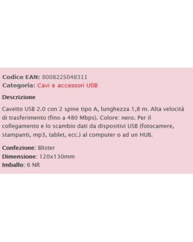 CAVETTO USB TIPO A 1,8MT  