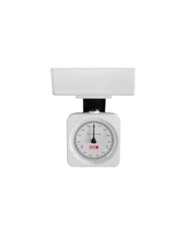 BILANCIA CUCINA EVA 3KGBilancia meccanica bianca con quadrante ad orologio, corpo e bacinella in ABS. Portata 3kg, suddivisione 