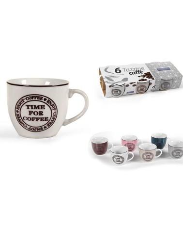 Confezione 6 tazze caffè senza piatto in porcellana decoro TIME FOR COFFE colori assortiti 90 cc.