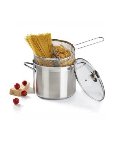 PASTAIOLA DOPPIO CESTELLO CM 24 IN ACCIAIO INOX 18/10 TRIPLO FONDO CON MANIGLIA IN ACCIAIO AD ALTO SPESSORE E CESTELLO IN RETE B