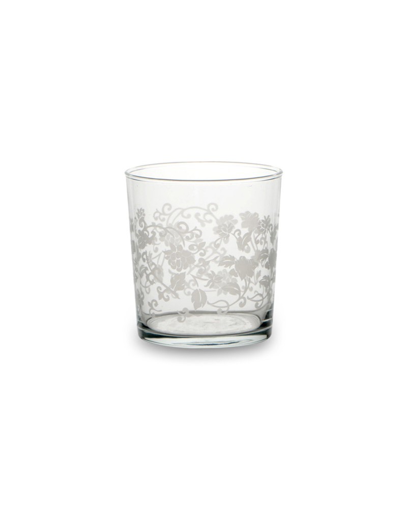 BICCHIERI PROVENCEConfezione da 6 bicchieri per acqua in vetro trasparente, con decoro botanico. Linea Provence.
