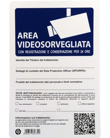 Cartello in plastica AREA VIDEOSORVEGLIATA 24 ORE DI REGISTRAZIONE - 20x30 cm
