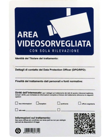 Cartello in plastica AREA VIDEOSORVEGLIATA CON SOLA RILEVAZIONE - 20x30 cm