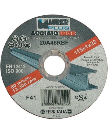 Disco da taglio mm230x1,9 resinoide rinforzato a centro piano  MAURER PLUS per acciaio inox - diam. foro 22,23 mm